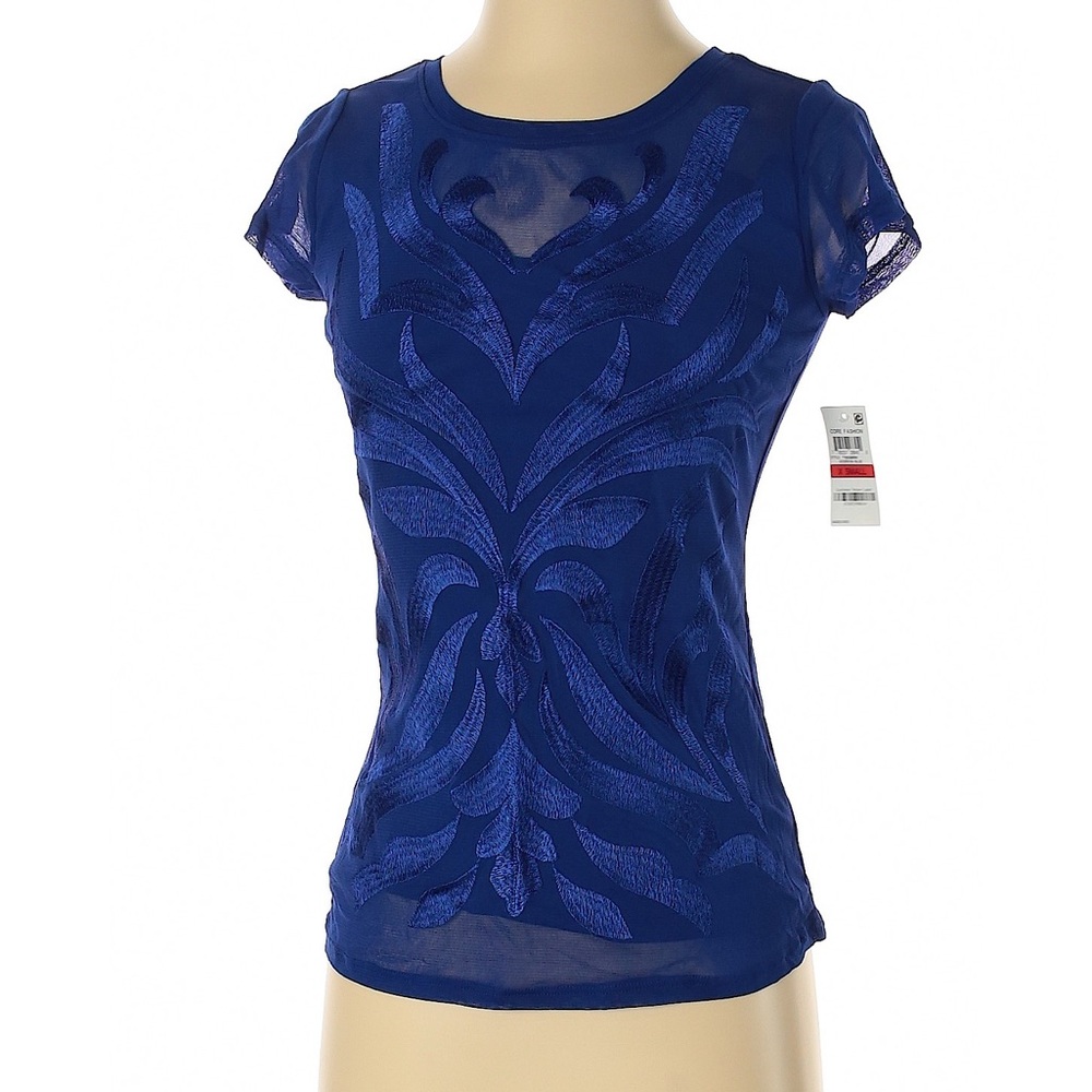 INC Royal Blue Top with Sheer Embroidered Overlay